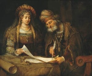 A 1685 painting by Arent de Gelder titled, Esther and Mordecai.