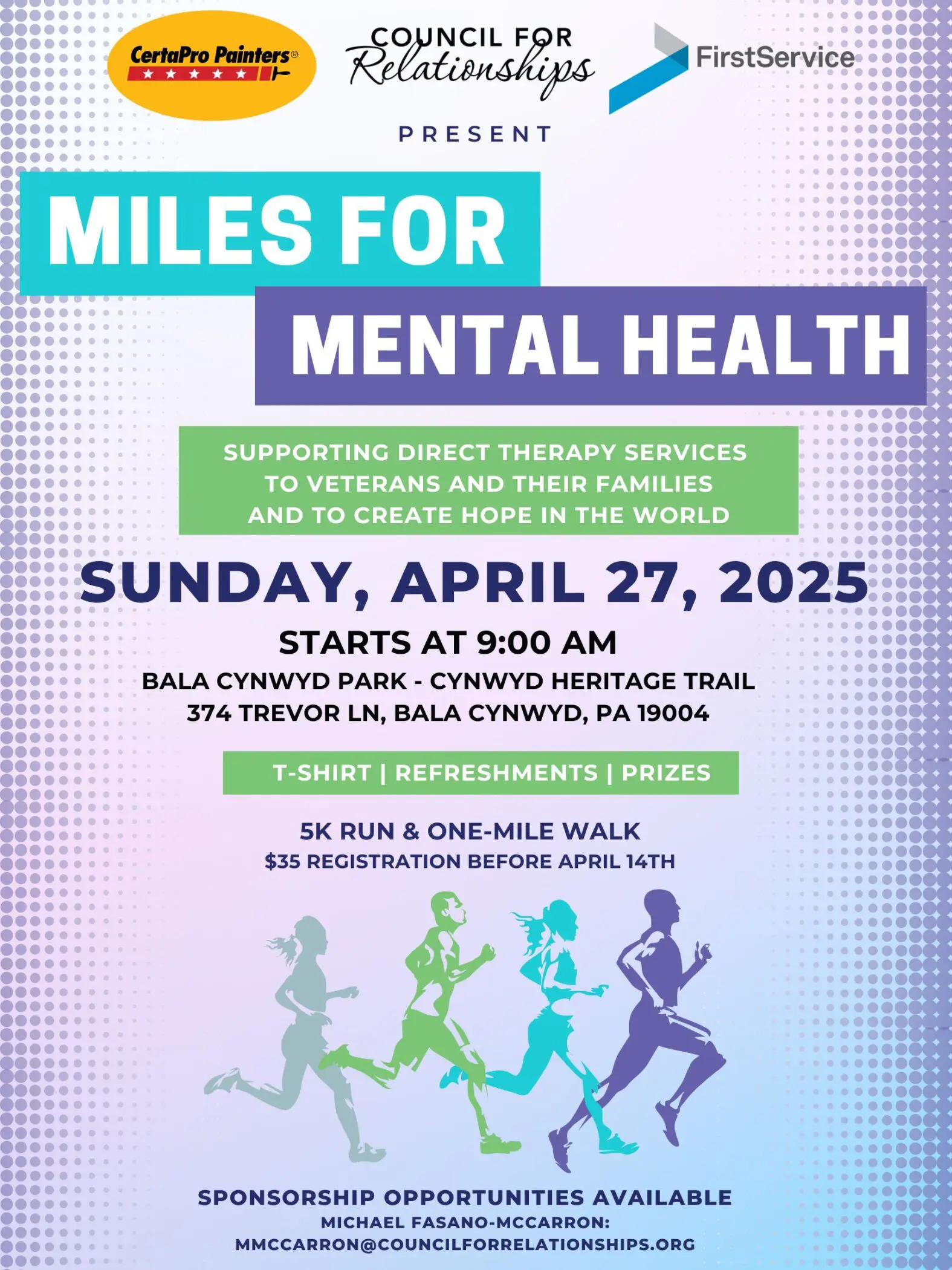 A promotional graphic for the "Miles for Mental Health" event organized by Council for Relationships. The event is a 5K run and one-mile walk scheduled for Sunday, April 27, 2025, starting at 9:00 AM at Bala Cynwyd Park - Cynwyd Heritage Trail, 374 Trevor Lane, Bala Cynwyd, PA 19004. The design features bold text with teal and purple accents, silhouettes of runners in the background, and a message at the bottom offering hope and supporting access to therapy for veterans, active-duty military members, and their families.