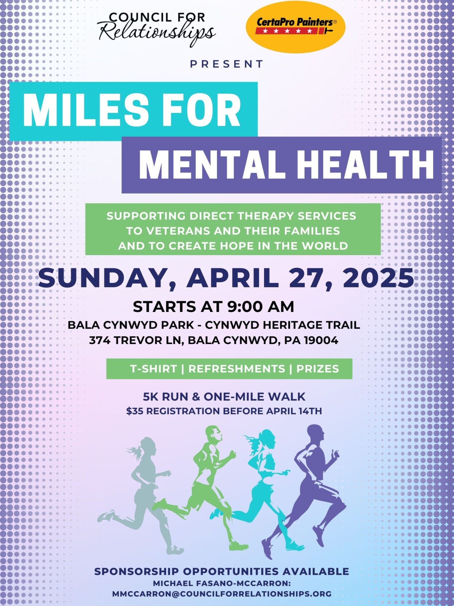 A promotional graphic for the "Miles for Mental Health" event organized by Council for Relationships. The event is a 5K run and one-mile walk scheduled for Sunday, April 27, 2025, starting at 9:00 AM at Bala Cynwyd Park - Cynwyd Heritage Trail, 374 Trevor Lane, Bala Cynwyd, PA 19004. The design features bold text with teal and purple accents, silhouettes of runners in the background, and a message at the bottom offering hope and supporting access to therapy for veterans, active-duty military members, and their families.