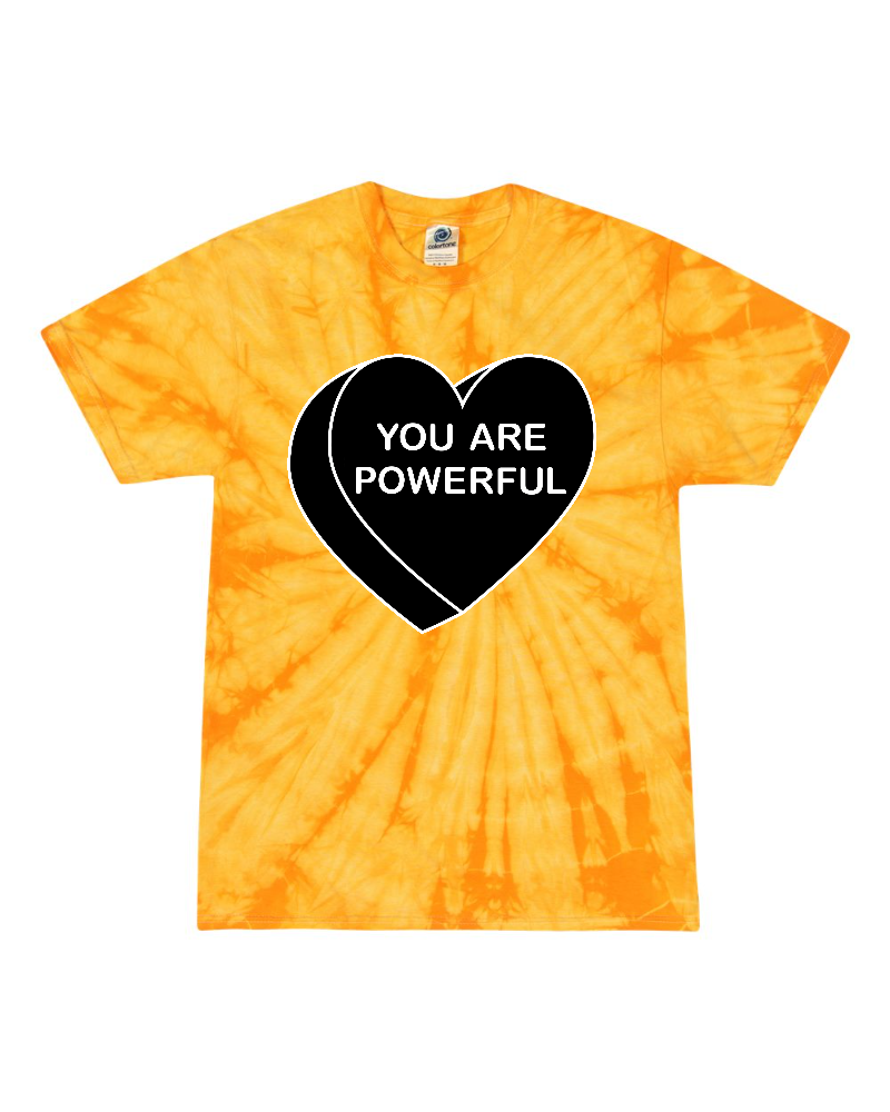 Picture of the official race shirt for the 2026 Council for Relationships Miles for Mental Health 5K Run & 1-Mile Walk presented by CertaPro Painters of the Main Line. The shirt was designed by Amberella and features a black heart with the words "You Are Powerful" in white. The hearts are on a yellow tie-dye background.