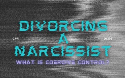 This image features a static background with a glitch effect and the title "Divorcing a Narcissist" prominently displayed in a digital, pixelated font. Below the main title, the subtitle reads, "What is Coercive Control?" The bottom of the image features the author's name, "Dr. Lauren Napolitano," in a smaller, similar pixelated font. The top of the image displays the Council for Relationships logo, with the text "CFR Blog" on the side. The overall design evokes a sense of disruption or distortion, reflecting the blog's focus on challenging and unsettling relationship dynamics.