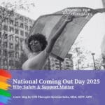 A joyful Black woman with natural hair and sunglasses holds a large pride flag above her head in an urban setting, symbolizing freedom and self-expression. Overlaid text reads: “National Coming Out Day 2025: Why Safety & Support Matter. A new blog by CFR Therapist Kristine Seitz, MEd, MSW, LSW.” The colorful design evokes themes of visibility, celebration, and resilience. The image highlights the importance of creating a safe place for people with intersecting identities and affirms that coming out—or choosing privacy—can be a safe choice.