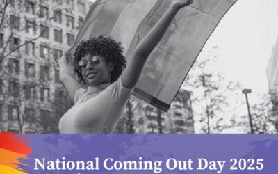 A joyful Black woman with natural hair and sunglasses holds a large pride flag above her head in an urban setting, symbolizing freedom and self-expression. Overlaid text reads: “National Coming Out Day 2025: Why Safety & Support Matter. A new blog by CFR Therapist Kristine Seitz, MEd, MSW, LSW.” The colorful design evokes themes of visibility, celebration, and resilience. The image highlights the importance of creating a safe place for people with intersecting identities and affirms that coming out—or choosing privacy—can be a safe choice.