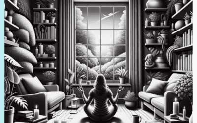 An illustration for a blog post titled "NAVIGATING SELF-CARE IN THE AGE OF SOCIAL MEDIA". The image shows a grayscale room filled with plants, books, candles, and cozy furniture, with a person sitting cross-legged in meditation pose facing a window that reveals a colorful outdoor scene. At the bottom, the text reads "COUNCIL FOR RELATIONSHIPS" and "By Bianca Williams, MFT".