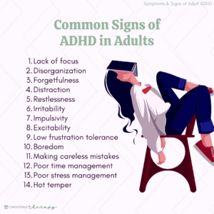 Infographic with the title, "Common signs of ADHD in adults." Those 15 signs are, lack of focus, disorganization, forgetfulness, distraction, restlessness, irritability, impulsivity, excitability, low frustration tolerance, boredom, making careless mistakes, poor time management, poor stress management, and a hot temper. 