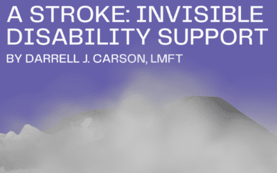 A title graphic with a misty mountain in the background and a purple gradient sky. The title in bold white text reads, 'Cognitive Impairment After a Stroke: Invisible Disability Support' by Darrell J. Carson, LMFT. The Council for Relationships logo is placed at the bottom right in purple.