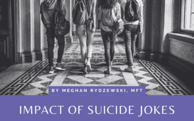 Four college students with backpacks walk down a beautifully tiled corridor in an old building, backs turned to the camera. The image is in black and white, with the title 'Impact of Suicide Jokes on Mental Health' and the author 'By Meghan Rydzewski, MFT' prominently displayed on a purple banner at the bottom. The Council for Relationships logo is also visible beneath the title.