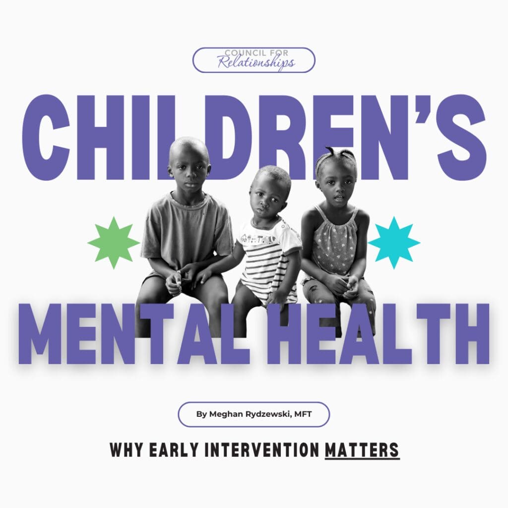 Children's Mental Health" infographic by Council for Relationships. The design features the title "CHILDREN'S MENTAL HEALTH" in bold, purple letters, with the subtitle "WHY EARLY INTERVENTION MATTERS" in black at the bottom. At the top, the Council for Relationships logo is prominently displayed. Below the title, there is a black-and-white image of three young children sitting together, with two teal star shapes flanking the image. The infographic is credited to Meghan Rydzewski, MFT, noted in a text box just above the subtitle. The background is white, creating a clean and professional look.