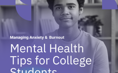 Young college student in a relaxed pose, representing the focus on mental health. The image includes text that reads 'Council for Relationships - Managing Anxiety & Burnout: Mental Health Tips for College Students' by Lia Pezzato, MFT. The background features a calm indoor setting with books and plants, emphasizing a supportive environment for managing stress.