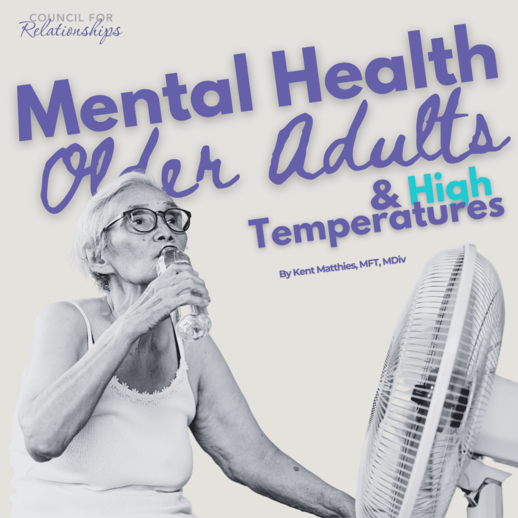 Graphic for the blog titled 'Mental Health of Older Adults During High Temperatures' by Kent Matthies, MFT, MDiv. The image features an older woman drinking water in front of a fan, illustrating the impact of high temperatures on older adults. The Council for Relationships logo is also displayed.