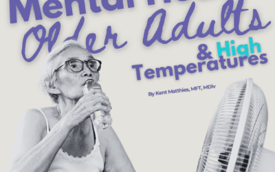 Graphic for the blog titled 'Mental Health of Older Adults During High Temperatures' by Kent Matthies, MFT, MDiv. The image features an older woman drinking water in front of a fan, illustrating the impact of high temperatures on older adults. The Council for Relationships logo is also displayed.