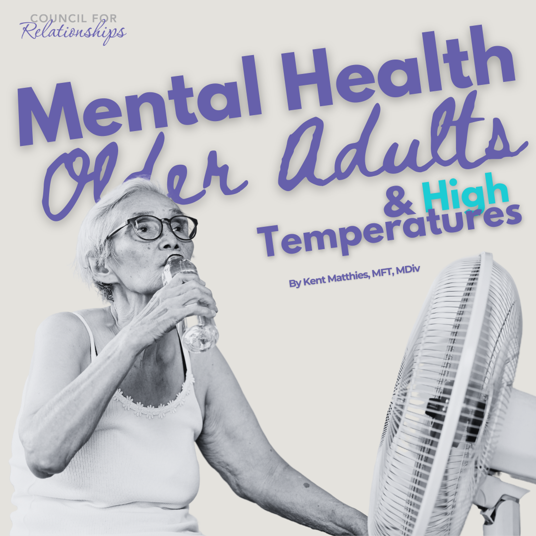 Graphic for the blog titled 'Mental Health of Older Adults During High Temperatures' by Kent Matthies, MFT, MDiv. The image features an older woman drinking water in front of a fan, illustrating the impact of high temperatures on older adults. The Council for Relationships logo is also displayed.