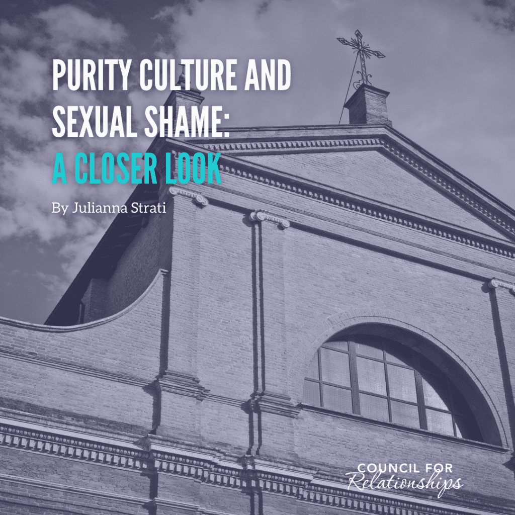 A title graphic for the blog "Purity Culture and Sexual Shame: A Closer Look" by Julianna Strati. The background features a sepia-toned image of the exterior of a brick church with a cross on the rooftop, set against a partly cloudy sky. The blog title is in white text, with "A Closer Look" highlighted in bright teal. The logo for "Council for Relationships" is placed in the bottom right corner of the image. The overall tone of the image is solemn and reflective, aligning with the subject of the blog.