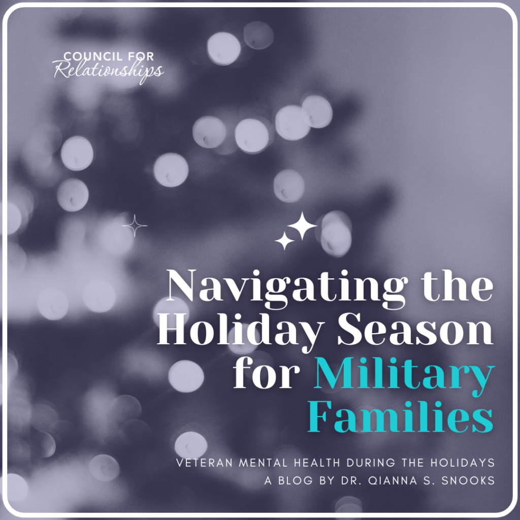 Navigating the Holiday Season for Military Families" - A blog graphic with a blurred image of a Christmas tree in the background. The text includes the title of the blog and a subtitle, "Veteran Mental Health During the Holidays: A Blog by Dr. Qianna S. Snooks." The Council for Relationships logo is displayed at the top. The design is festive and professional, using a soft purple tone and white accents.