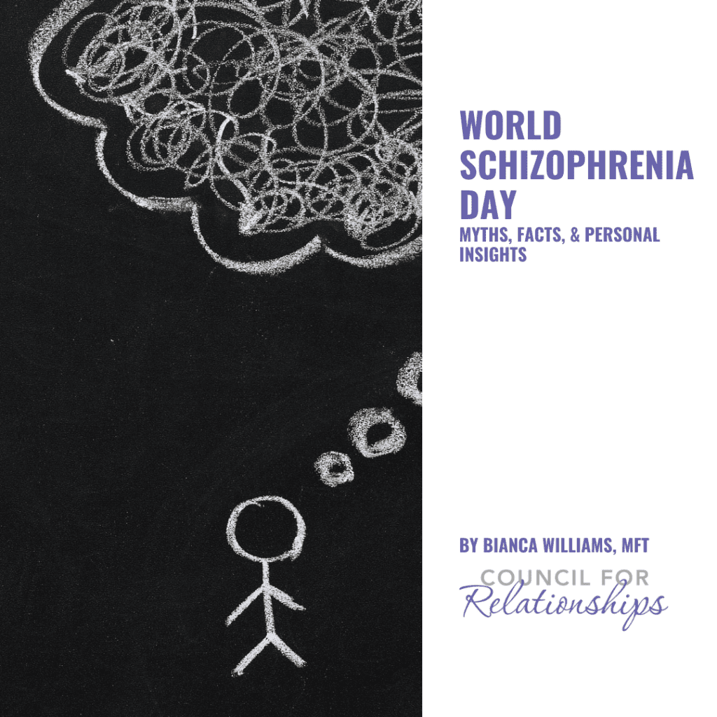 Cover image for a blog titled 'World Schizophrenia Day: Myths, Facts, & Personal Insights' by Bianca Williams, MFT, Council for Relationships. The image features a chalk drawing of a stick figure with a thought bubble filled with chaotic scribbles, representing the complexity of schizophrenia.