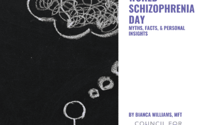 Cover image for a blog titled 'World Schizophrenia Day: Myths, Facts, & Personal Insights' by Bianca Williams, MFT, Council for Relationships. The image features a chalk drawing of a stick figure with a thought bubble filled with chaotic scribbles, representing the complexity of schizophrenia.