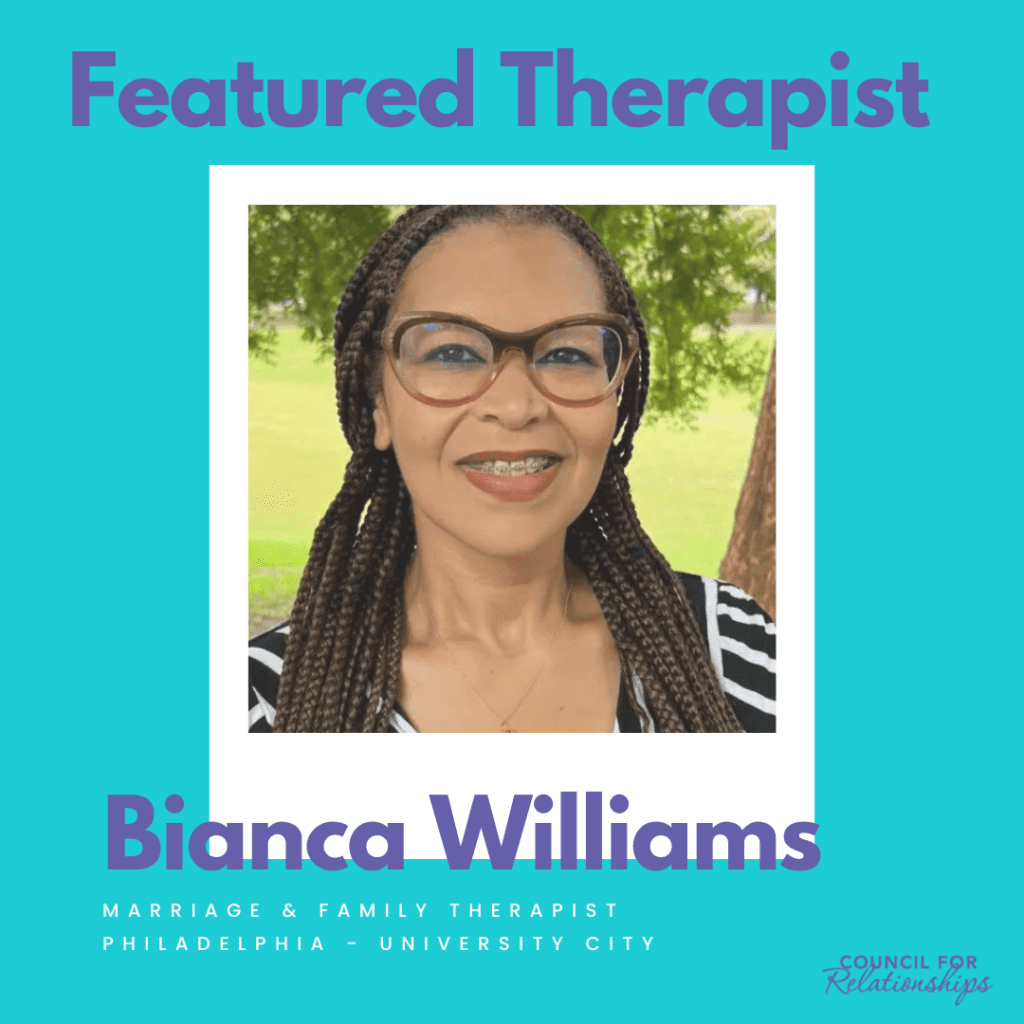 A smiling woman with braided hair and glasses is pictured in the center. The background is a light green outdoor setting. Above her photo, the text reads: "Featured Therapist" in bold purple font. Below the photo, the text reads: "Bianca Williams" in large purple font, followed by "Marriage & Family Therapist Philadelphia - University City" in smaller white font. In the bottom right corner, the "Council for Relationships" logo is displayed. The background of the image is teal.