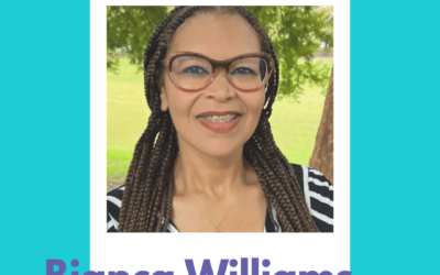 A smiling woman with braided hair and glasses is pictured in the center. The background is a light green outdoor setting. Above her photo, the text reads: "Featured Therapist" in bold purple font. Below the photo, the text reads: "Bianca Williams" in large purple font, followed by "Marriage & Family Therapist Philadelphia - University City" in smaller white font. In the bottom right corner, the "Council for Relationships" logo is displayed. The background of the image is teal.