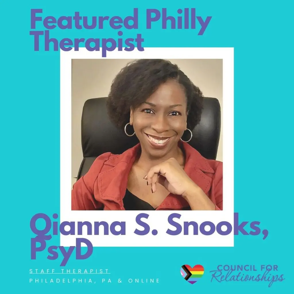 Featured image of Dr. Qianna S. Snooks, PsyD, military family therapist in Philadelphia, smiling in a professional setting. Council for Relationships logo included.