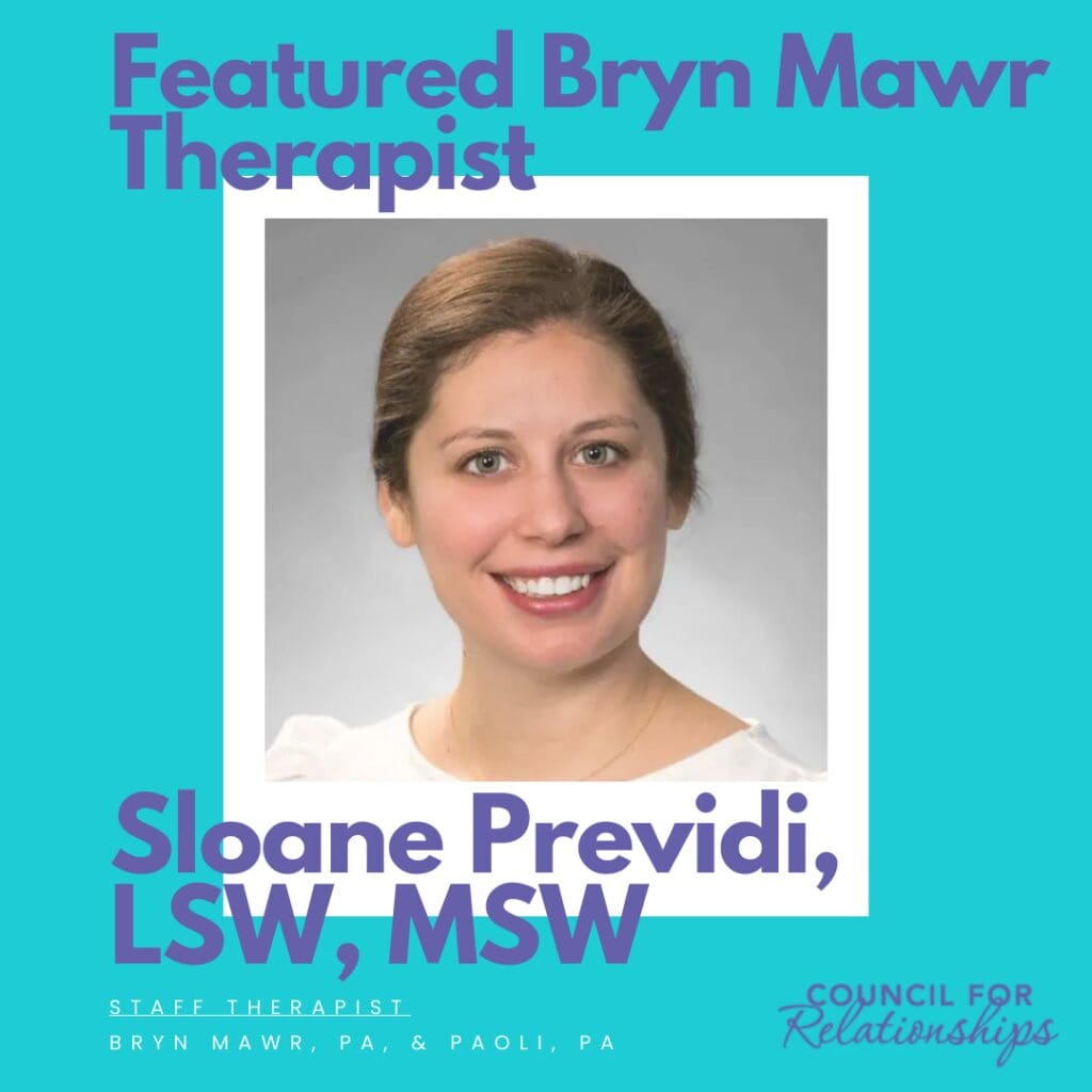 Graphic featuring Sloane Previdi, LSW, MSW, a therapist at Council for Relationships. The text reads "Featured Bryn Mawr Therapist" at the top, with "Sloane Previdi, LSW, MSW" in large purple font below her photo. The bottom of the graphic lists her title as "Staff Therapist" and locations "Bryn Mawr, PA, & Paoli, PA." The Council for Relationships logo is in the lower right corner. Sloane is smiling and wearing a light top against a gray background.