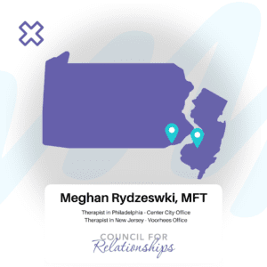The image shows a map with a purple outline of the states of Pennsylvania and New Jersey. Two turquoise location pins are marked on the map: one in Philadelphia, Pennsylvania, and one in Collingswood, New Jersey. Below the map, there is text displaying: Meghan Rydzewski, MFT Therapist in Philadelphia - Center City Office Therapist in New Jersey - Voorhees Office At the bottom, the logo of the Council for Relationships is shown.