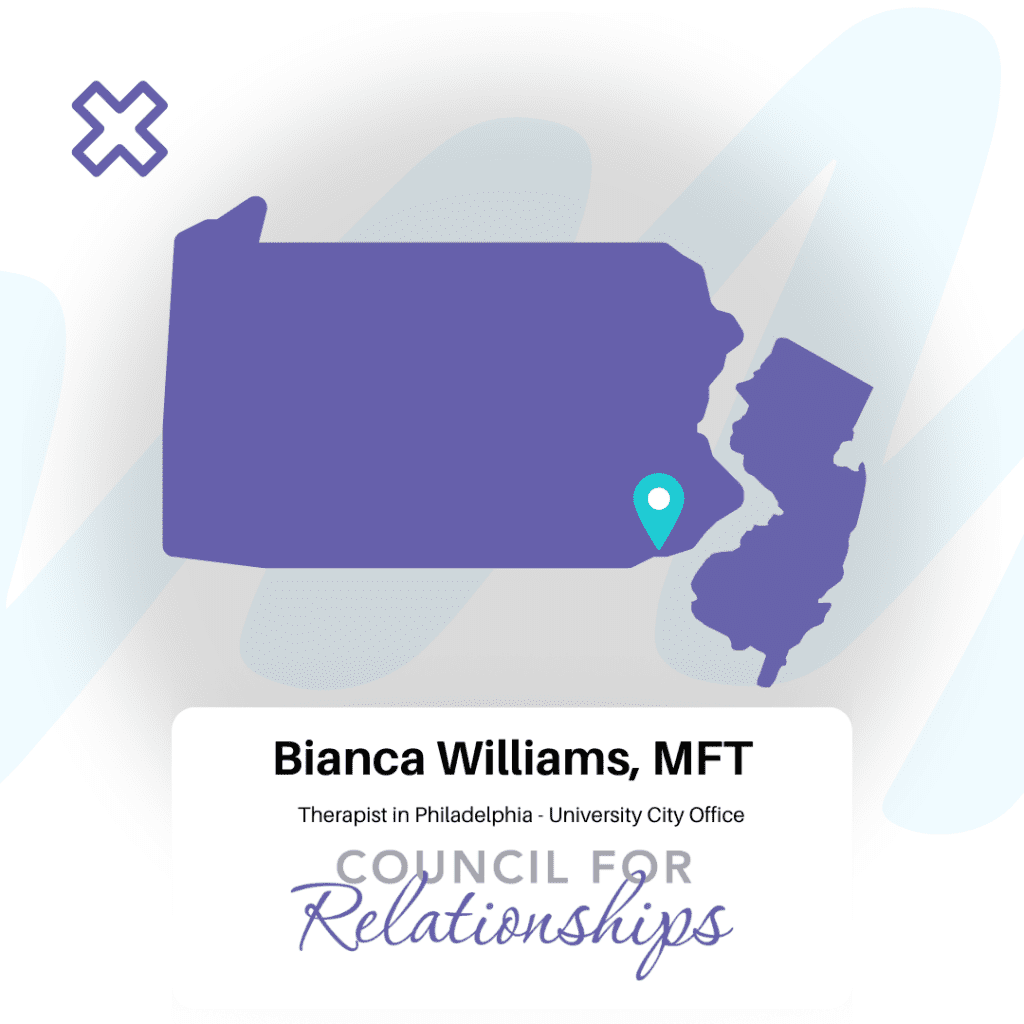 A map of Pennsylvania and New Jersey is shown with Pennsylvania highlighted in purple and a location pin marking Philadelphia. Above the map, a small "X" icon is present. Below the map, the text reads: "Bianca Williams, MFT Therapist in Philadelphia - University City Office," with "Council for Relationships" written underneath in a cursive font.