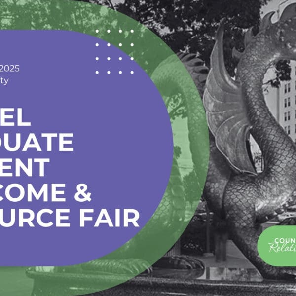 Graphic for the Drexel Graduate Student Welcome & Resource Fair. Text reads: “September 16, 2025, Drexel University, 10 AM – 12 PM. Drexel Graduate Student Welcome & Resource Fair.” Background shows the Drexel University dragon statue in black and white. Council for Relationships and Drexel University logos appear at the bottom.