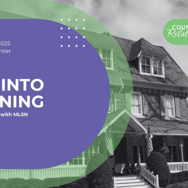 Promotional graphic for “Fall Into Learning: A Community Day with MLSN” on September 6, 2025, from noon to 4 PM at the Creutzburg Center. The event is free and open to all. The design features a large purple circle with white text, a green overlay, and a black-and-white photo of a historic building in the background. Logos for Council for Relationships and Main Line School Night appear at the top right.