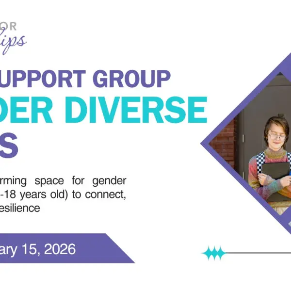 The image promotes Council for Relationships’ “Peer Support Group: Gender Diverse Teens.” The text reads: “A safe and affirming space for gender diverse teens (15–18 years old) to connect, share, and build resilience. Starting January 15, 2026.” The design features purple and teal accents and three photos of teens—one smiling group outdoors, one teen in a colorful sweater holding a notebook, and one teen in a teal hoodie waving gently.