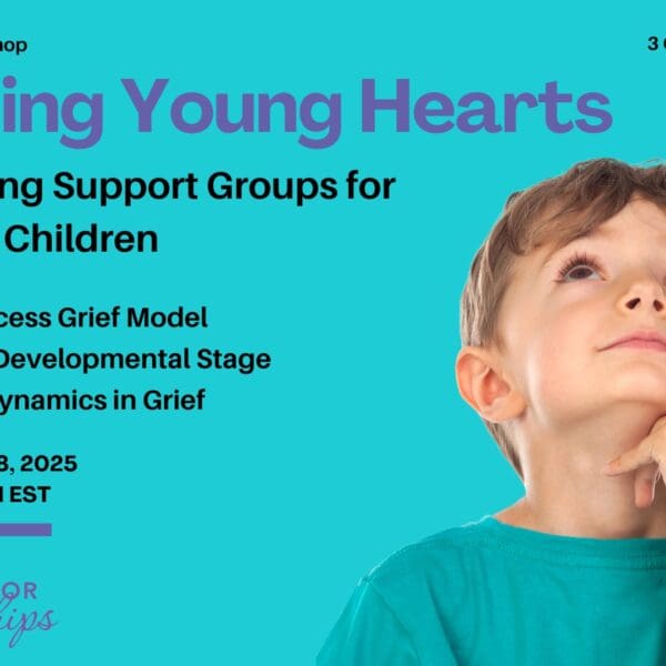 Promotional image for an online CE workshop titled “Healing Young Hearts: Facilitating Support Groups for Grieving Children.” Text lists three learning objectives: Dual-Process Grief Model, Grief by Developmental Stage, and Family Dynamics in Grief. The event takes place on September 18, 2025, from 1:00 to 4:00 PM EST, offering 3 APA-approved CEs. On the right side, a young boy in a teal shirt looks up thoughtfully with his hand on his chin. The background is teal with purple design elements and the Council for Relationships logo at the bottom.