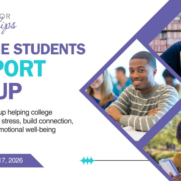 Graphic for Council for Relationships promoting a free College Students Support Group. The text reads: “College Students Support Group. Free support group helping college students manage stress, build connection, and strengthen emotional well-being together. Starting February 17, 2026.” The design includes the Council for Relationships logo on the top left and four photos of diverse college students—one wearing headphones on a laptop, one smiling in class, one standing in a library with books, and one outdoors holding a notebook. The layout uses purple and teal accents. This image advertises Council for Relationships’ support groups for college students.