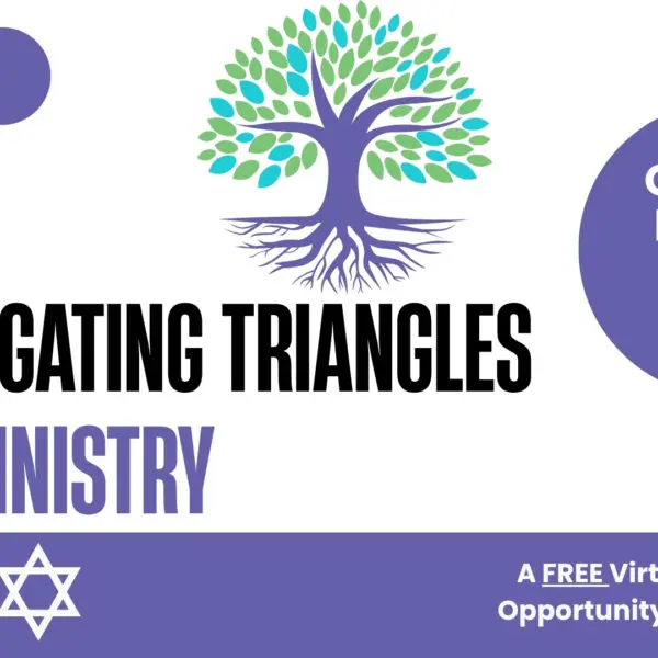 Square digital flyer for a virtual clergy training hosted by Council for Relationships. The top of the flyer includes a stylized tree with green and blue leaves and purple roots. Text reads: “Navigating Triangles in Ministry.” Subtext: “Triangles are everywhere in the congregation. They are not good or bad. Triangles just are. Triangles are trouble when you are unaware that you are in one.” Event details follow: “Join us on Thursday, July 17 from noon to 1:00 pm EST for opportunities for dialogue, case presentations, and learning.” A quote from Murray Bowen (1972) is included: “The concept of triangles provides a theoretical framework for understanding the functioning of all emotional systems.” Bulleted learning goals include: recognize triangles, manage triangles, use triangles, and understand the function of triangles. A purple circle reads “Clergy Lunch N’ Learn.” At the bottom, a QR code appears next to the text: “Register Today!” Footer text: “A free virtual learning opportunity for all clergy,” with religious symbols representing Christianity, Islam, and Judaism. Colors used are purple, black, and shades of green and blue.