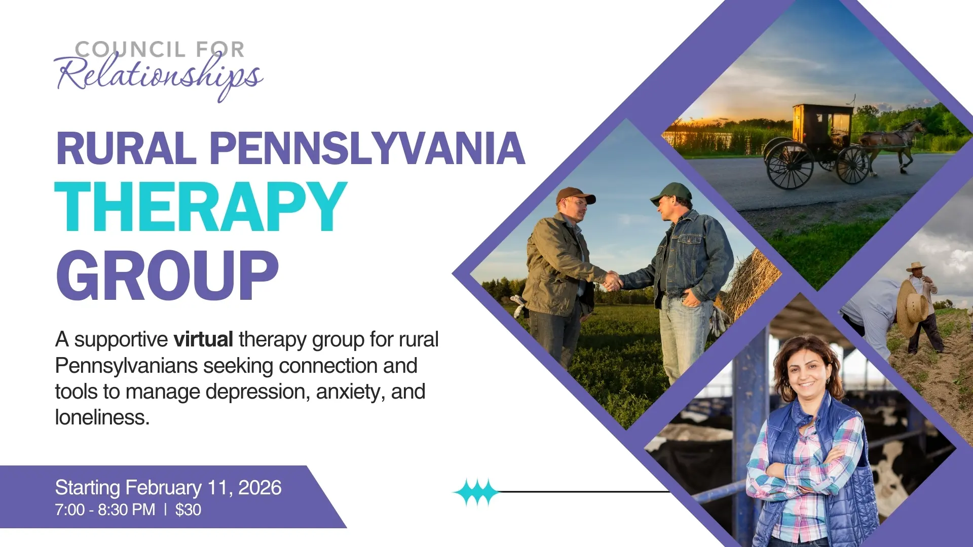 Flyer for Council for Relationships advertising a “Rural Pennsylvania Therapy Group.” The text reads: “A supportive virtual therapy group for rural Pennsylvanians seeking connection and tools to manage depression, anxiety, and loneliness.” Additional text at the bottom reads: “Starting February 11, 2026, 7:00–8:30 PM | $30.” The design includes the Council for Relationships logo and four photos representing rural Pennsylvania: two men shaking hands in a field, an Amish horse and buggy on a road at sunset, a farmer working in a field, and a woman standing in a barn with cows behind her. The alt text includes the keywords group therapy for depression, rural Pennsylvania, and virtual group therapy.
