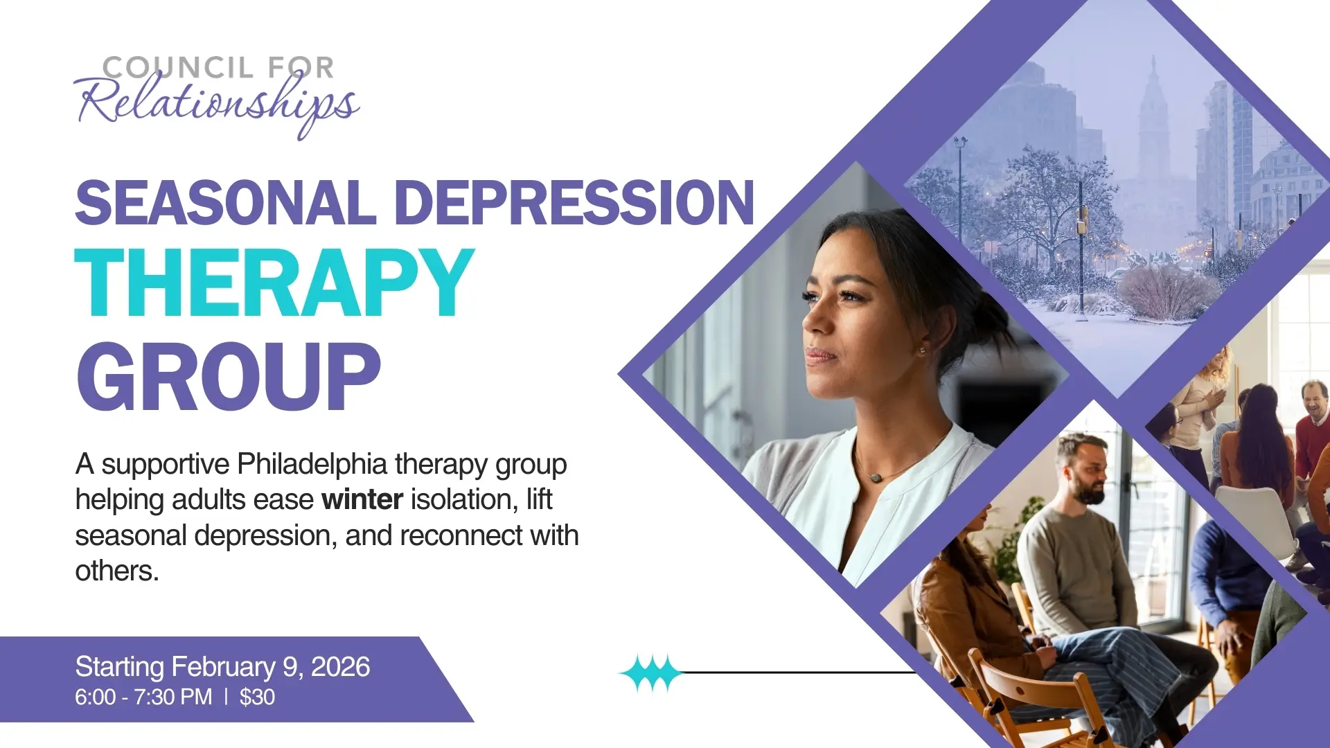 Flyer for Council for Relationships advertising a “Seasonal Depression Therapy Group.” The text reads: “A supportive Philadelphia therapy group helping adults ease winter isolation, lift seasonal depression, and reconnect with others.” Additional text at the bottom reads: “Starting February 9, 2026, 6:00–7:30 PM | $30.” Images on the flyer include a woman looking out a window, a snowy Philadelphia city scene, and adults sitting together in a group therapy setting. This alt text includes the keywords seasonal depression, group therapy, and Philadelphia.