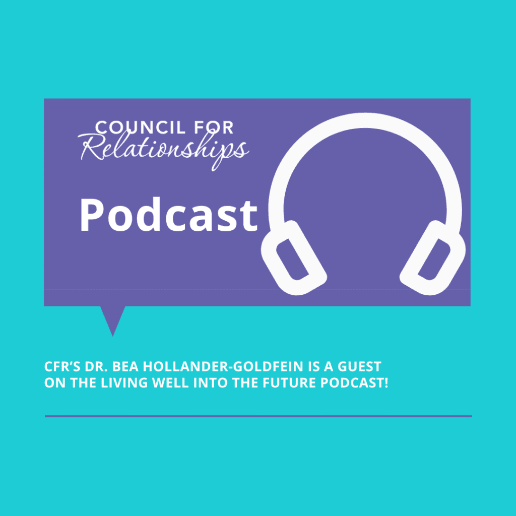 A graphic with a purple speech bubble containing the Council for Relationships logo and the word 'Podcast' alongside a white icon of headphones. Below, text reads 'CFR’s Dr. Bea Hollander-Goldfein is a guest on the Living Well Into the Future podcast!' The background is turquoise.