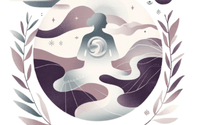 An illustration for a mental health nonprofit featuring a stylized, circular composition with a silhouette of a contemplative pregnant figure at its center. Soft waves and plant motifs in a palette of greyscale, purples, pale blues, and light greens create a serene background. The title "Ambivalence During Pregnancy: Navigating the Unspoken" is placed prominently at the bottom with the author's name "Sonja Spangler, LSW" just below it. The organization's name "Council for Relationships" is subtly placed at the top. The overall design conveys a sense of calm and introspection.
