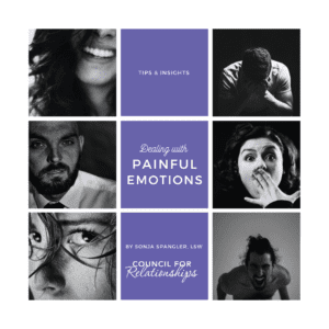 Collage image titled 'Dealing with Painful Emotions' featuring tips and insights by Sonja Spangler, LSW, Council for Relationships. Includes various black-and-white photos depicting emotional expressions.