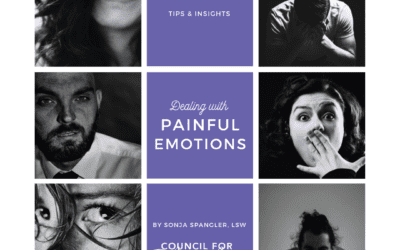 Collage image titled 'Dealing with Painful Emotions' featuring tips and insights by Sonja Spangler, LSW, Council for Relationships. Includes various black-and-white photos depicting emotional expressions.