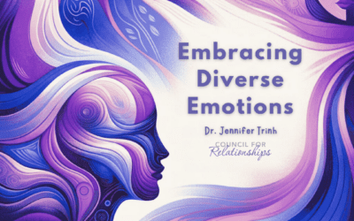 The image is a visually striking title graphic for a blog titled "Philadelphia Psychiatrist and Therapist Embracing Diverse Emotions" by Dr. Jennifer Trinh, associated with the Council for Relationships. It features abstract, wave-like patterns in shades of purple, blue, and white, flowing around and converging into the silhouettes of two human profiles facing in opposite directions. The design conveys a sense of fluidity and interconnectedness, symbolizing the complexity and range of human emotions. The text is clearly legible and arranged thoughtfully to balance the artwork, with the title in a larger, bold font and the author's name along with the organization's name in smaller text, anchoring the bottom of the image. This graphic is likely intended to capture the essence of the blog's theme, which is the exploration and acceptance of the wide array of human emotions.