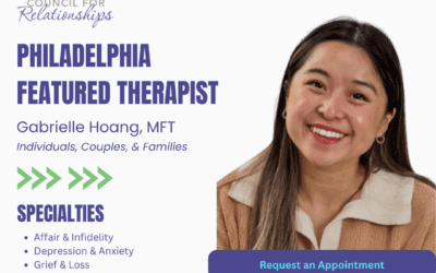 Council for Relationships Marriage and Family Therapist in Philadelphia Gabrielle Hoang, MFT. She sees individuals, couples, and families. Gabrielle specializes in affair & infidelity, depression and anxiety, grief and loss, lgbtq+ issues, trauma, and women's issues. request an appointment today. www.councilforrelationships.org