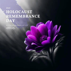 This image features a vivid purple flower, symbolizing remembrance, prominently displayed against a soft, dark background with light rays. The text "2024 HOLOCAUST REMEMBRANCE DAY" appears at the top in elegant, white font. Below the flower, additional text credits Dr. Bea Hollander-Goldfein, LMFT, CCTP from the Council for Relationships. The overall mood is somber and reflective, appropriate for the commemoration of Holocaust Remembrance Day.