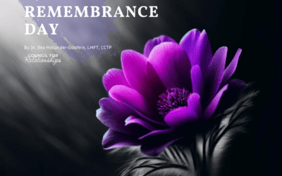 This image features a vivid purple flower, symbolizing remembrance, prominently displayed against a soft, dark background with light rays. The text "2024 HOLOCAUST REMEMBRANCE DAY" appears at the top in elegant, white font. Below the flower, additional text credits Dr. Bea Hollander-Goldfein, LMFT, CCTP from the Council for Relationships. The overall mood is somber and reflective, appropriate for the commemoration of Holocaust Remembrance Day.