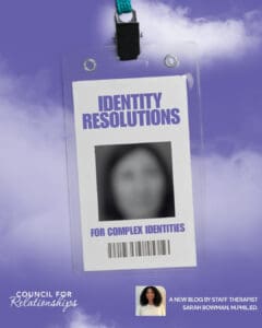 Graphic with a purple background and soft cloud accents featuring a lanyard name badge. The badge reads “IDENTITY RESOLUTIONS” at the top and “FOR COMPLEX IDENTITIES” at the bottom, with a blurred face photo in the center and a barcode beneath it. In the lower left corner is the Council for Relationships logo. In the lower right corner is a head