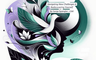 Artistic cover image for a blog titled 'Identity Shift in Motherhood – Navigating New Challenges & Rediscovering Yourself', by Sonja Spangler, LSW. The illustration features a woman's profile made of swirling, leafy patterns in a harmonious blend of purple and green hues, symbolizing growth and transformation. Butterflies and soft, floating elements signify change and rebirth. The bottom of the image includes the 'Council for Relationships' logo, emphasizing the theme of personal development within motherhood.