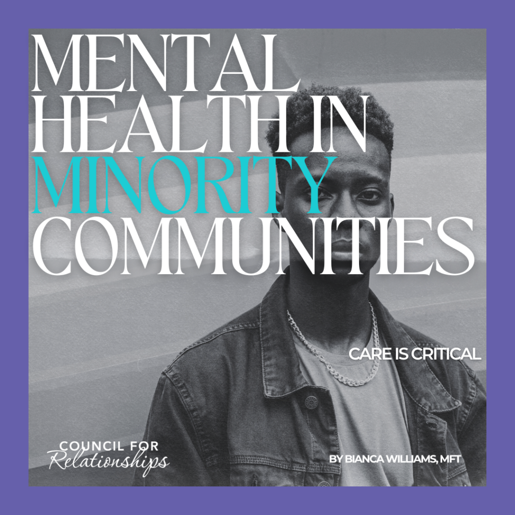 Promotional graphic for the blog 'Mental Health in Minority Communities' by Bianca Williams, MFT. The image features a young African American man with a serious expression, wearing a denim jacket. The text on the image includes the blog title and 'Care is Critical,' along with the Council for Relationships logo.