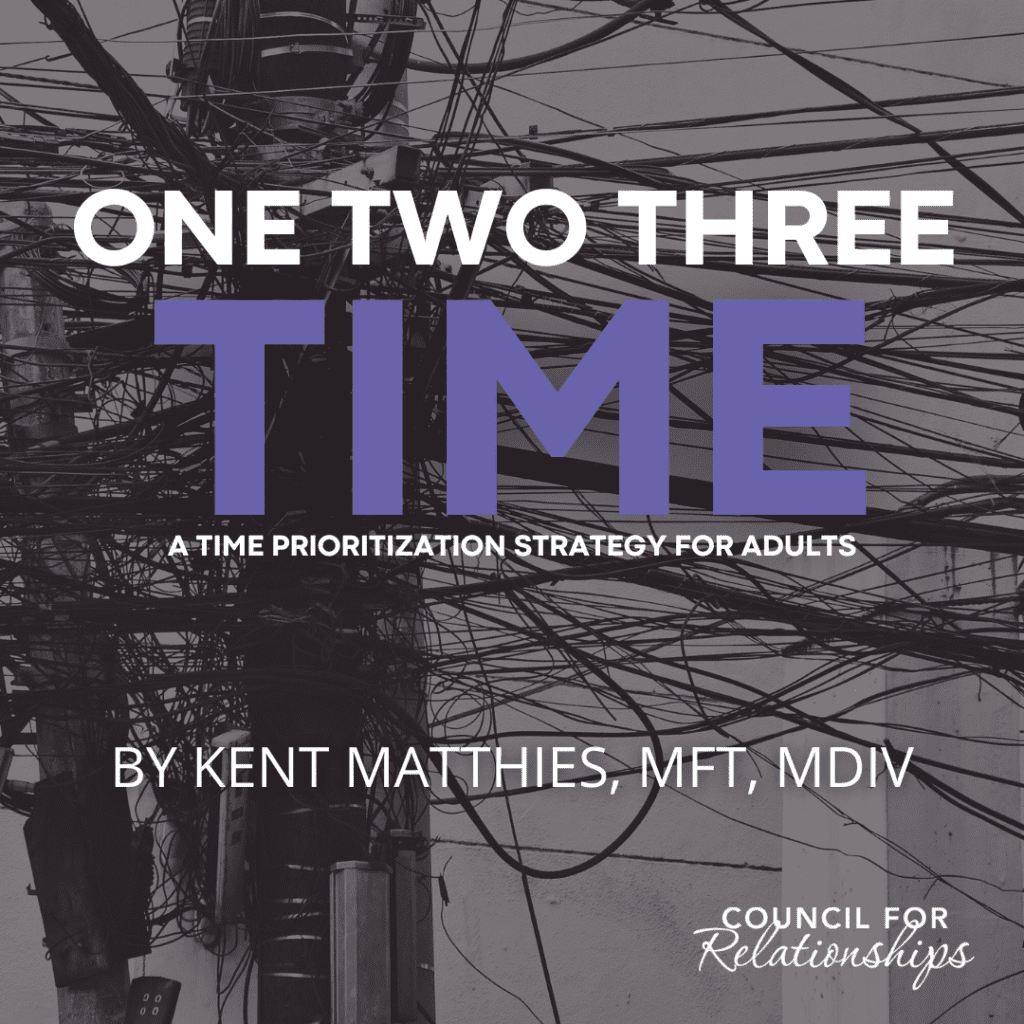 Cover of a publication featuring a time prioritization strategy. The image background shows a tangle of electrical wires and poles in grayscale. Overlaying this is the title 'ONE TWO THREE TIME' in bold, purple block letters. Below the title, in smaller white text, it reads 'A TIME PRIORIZATION STRATEGY FOR ADULTS.' The author's name, 'BY KENT MATTHIES, MFT, MDiv,' is also displayed in white. At the bottom of the image, the 'Council for Relationships' logo is visible, indicating the publisher or associated organization.