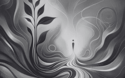 An artistic blog feature image in grayscale with an abstract design representing growth. A stylized plant with broad leaves sprouts from a central path that meanders toward the viewer, bordered by swirling, smoke-like patterns. At the top, "SEED OF CHANGE" is written in large, bold letters, with the subtitle "Pathways to Personal and Spiritual Growth" just below in a smaller font. The author's name, "Rev. Dr. Dolores Littleton, LMFT," is positioned at the bottom, and the text "COUNCIL FOR RELATIONSHIPS" appears in the lower corner, suggesting a sponsoring organization. The monochrome palette gives the image a serene and contemplative mood.