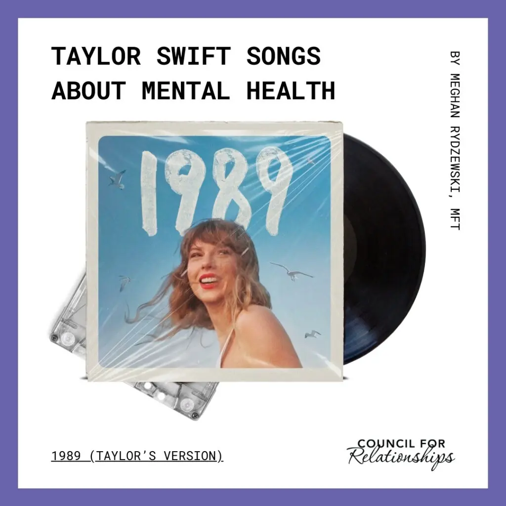 The graphic from Council for Relationships features a vinyl record cover of Taylor Swift’s 1989 (Taylor’s Version), with an image of Taylor smiling against a blue sky. The text at the top reads, "Taylor Swift Songs About Mental Health," while the author, Meghan Rydzewski, MFT, is credited on the side. Below the album cover image, the title "1989 (Taylor’s Version)" is written, with the Council for Relationships logo in the lower-right corner. The design features a purple border, and the graphic emphasizes the focus on mental health themes found within Taylor Swift’s 1989 (Taylor's Version) album.