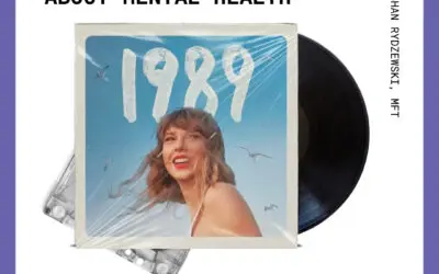 The graphic from Council for Relationships features a vinyl record cover of Taylor Swift’s 1989 (Taylor’s Version), with an image of Taylor smiling against a blue sky. The text at the top reads, "Taylor Swift Songs About Mental Health," while the author, Meghan Rydzewski, MFT, is credited on the side. Below the album cover image, the title "1989 (Taylor’s Version)" is written, with the Council for Relationships logo in the lower-right corner. The design features a purple border, and the graphic emphasizes the focus on mental health themes found within Taylor Swift’s 1989 (Taylor's Version) album.
