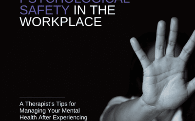 This image is designed as a cover for content related to women's psychological safety in the workplace. The title "WOMEN'S PSYCHOLOGICAL SAFETY IN THE WORKPLACE" is prominently displayed in large, bold white text with purple accents on a dark background. Below the title, there's a subtitle in white, "A Therapist’s Tips for Managing Your Mental Health After Experiencing Workplace Harassment" which suggests practical advice within. The author's name, "By Meghan Rydzewski, MFT," appears at the bottom, indicating expertise in marriage and family therapy. The logo of the "Council for Relationships" is also present, likely signifying the organization behind the content. The visual focus is a black-and-white photograph of a woman's hand held up in a "stop" gesture, symbolizing resistance against harassment and the assertion of boundaries. The overall design conveys a serious and empowering message about the importance of mental health and safety for women in professional environments.